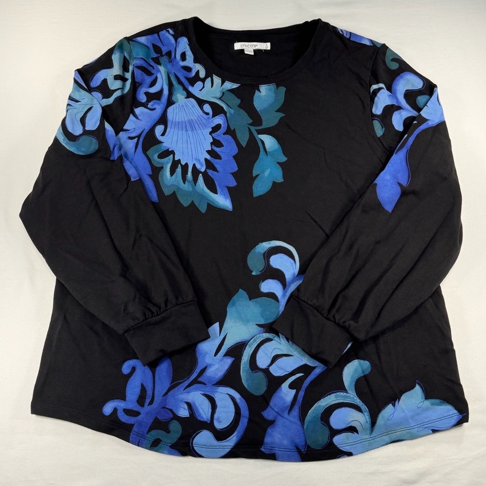 Chicos Black Blue Floral Damask Long Sleeve Blouse Top Size 3 XL Cotton Modal